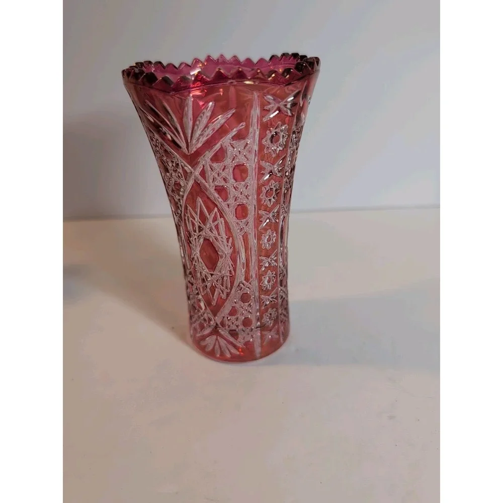 Crystal D'Arques Ruby‎ Kiriko Vase Cut Glass Decorative Base Used